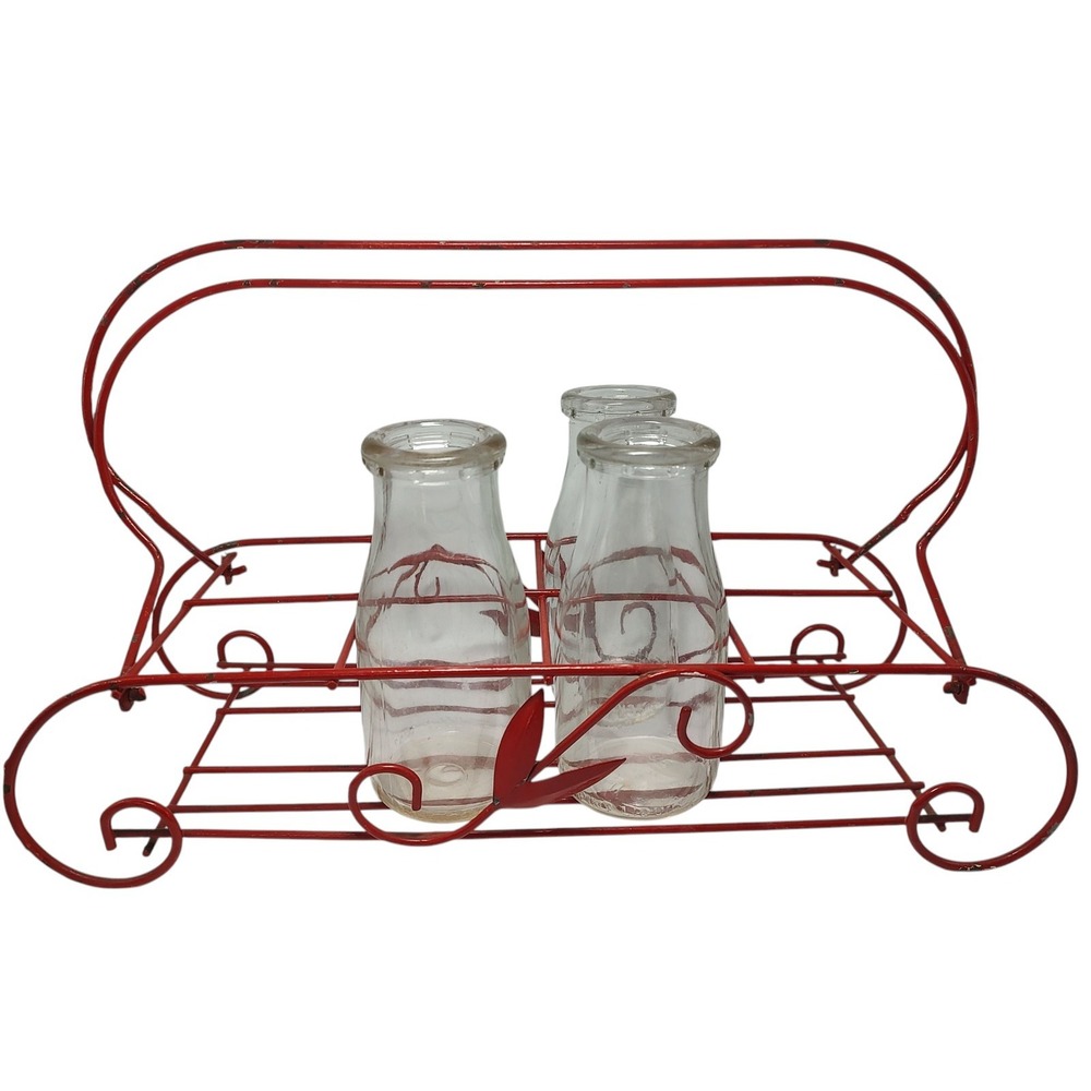 Vintage‎ Red Wire Milk Bottle Holder Six Slots With Three Half Pint Bottles E63
